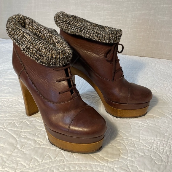 CHLOÉ Brown Leather Lace Up Ankle Platform Boot Knit Top Booties Size 39 US 8.5 - Picture 3 of 16